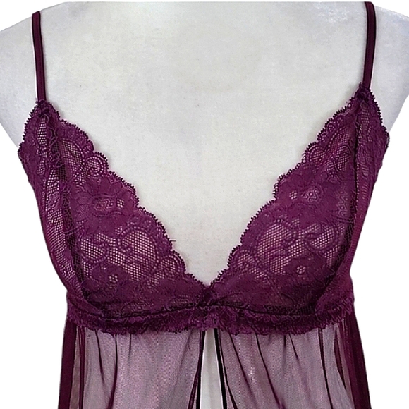Victoria's Secret Nightie Purple Sheer Tulle Flyaway Front Cutout Back Lace Trim - Picture 2 of 10